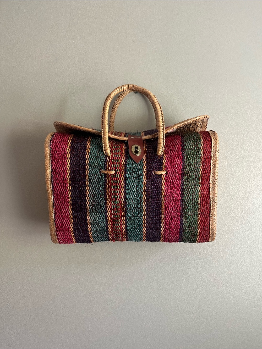 Handwoven Ecuador Multicolor Straw Box Handbag Top Handle Purse
